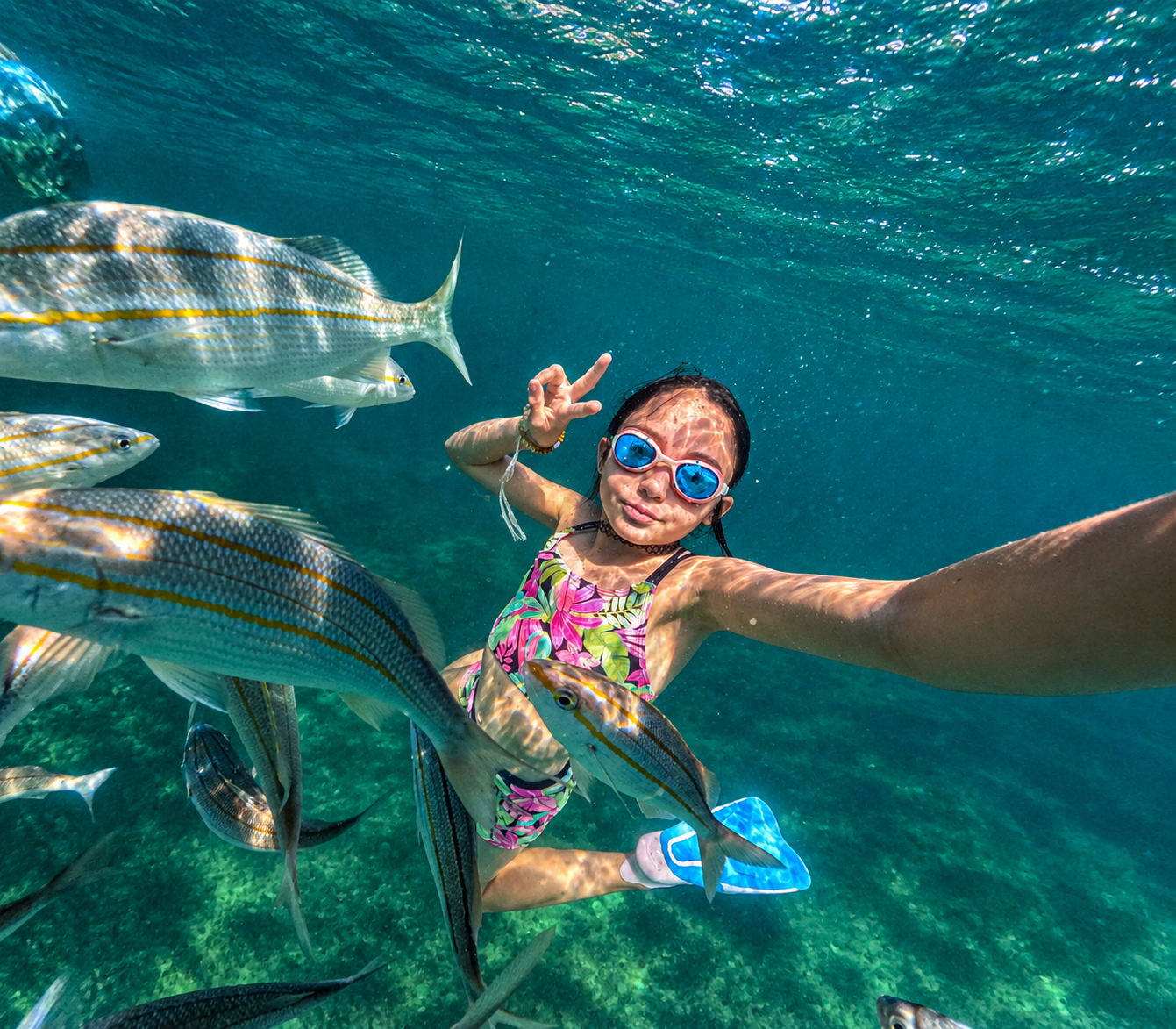Selfie de menina no snorkel